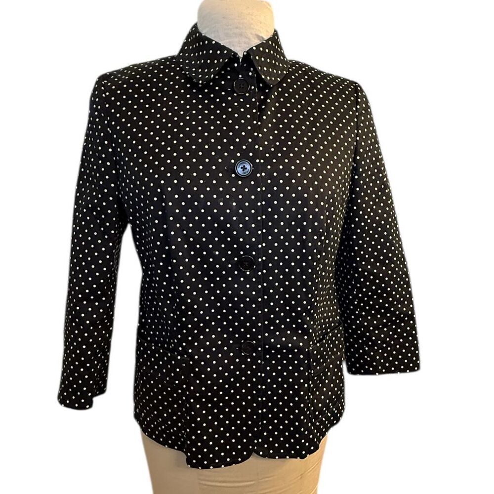Talbots Black White Polka Dot Blazer 3/4 Sleeves Button Front Sz. 10